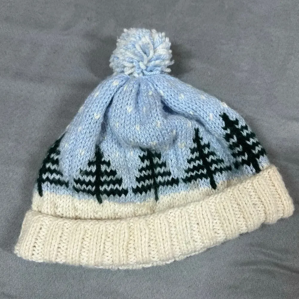 Hand Knit Beanie Pom Pom Hat Tree Pattern One Size Soft Stretchy Winter Ski
